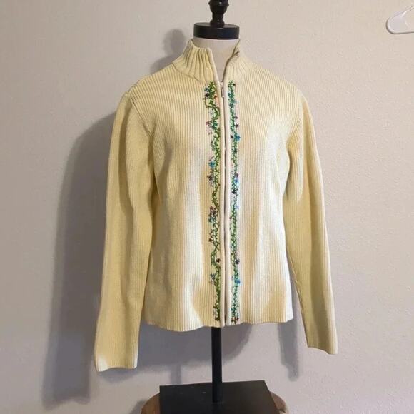 Crazy Horse Knit Yellow zip up floral sweater - Picture 1 of 5